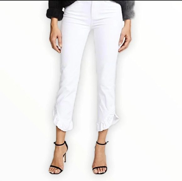 PAIGE Hoxton Straight Ruffled Ankle Crop Crisp White Jeans Pants High Rise sz.32 - Picture 1 of 13